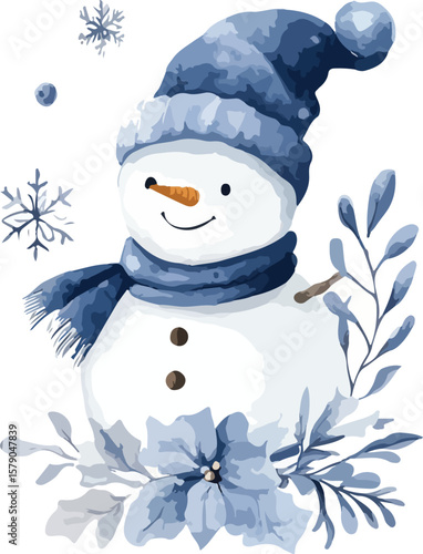 Watercolor Snowman with Blue Hat Scarf and Floral Decoration on White
