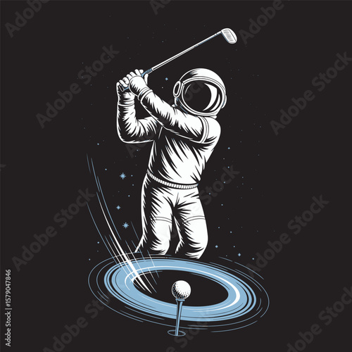 Astronaut swings a golf club at a golf ball resting on a glowing cosmic ring in deep space, vector illustration design.