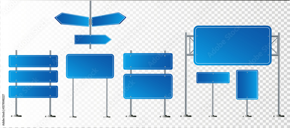 Naklejka premium Road blue traffic signs set. Blank board with place for text. Mockup. Isolated information sign. Direction. Vector illustration