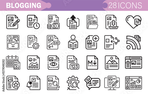 Blogging Icons Collection Content Creation, Articles, SEO, Social Media, Publishing, Writing, Marketing, Blog Post, Editing, Analytics