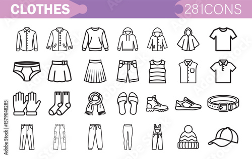 Clothes Icons Collection Fashion, Apparel, Shirts, Pants, Shoes, Accessories, Outerwear, Underwear, T shirts, Jackets, Casual Wear