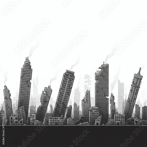 Destroyed city skyline with collapsed buildings and smoke. Concept of war, natural disaster, and apocalypse. Space for text.