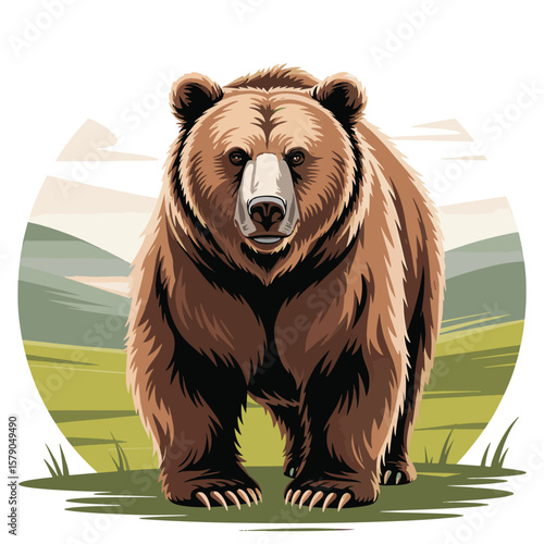 Realistic brown bear standing in a valley with green hills in background. Vector illustration design.