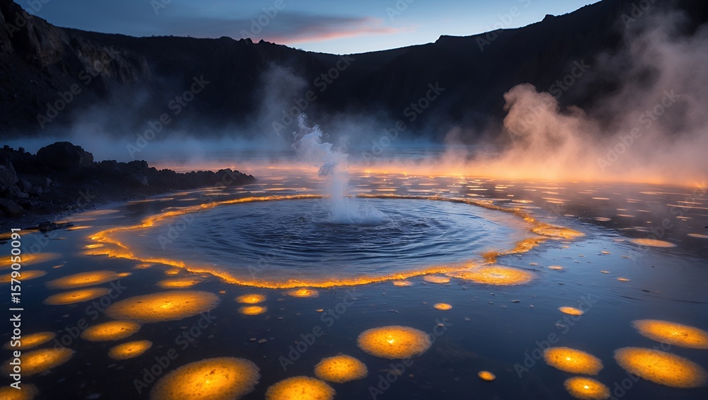 Fototapeta premium Geothermal area with pool of hot water and rising steam