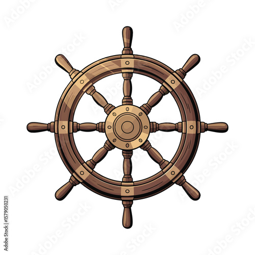 Classic wooden ship wheel with gold accents, nautical design for sailing theme. Vector illustration design.