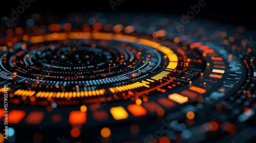 Circular neon data interface glowing with orange and blue lights creating futuristic digital technology design vibrant abstract pattern seamless