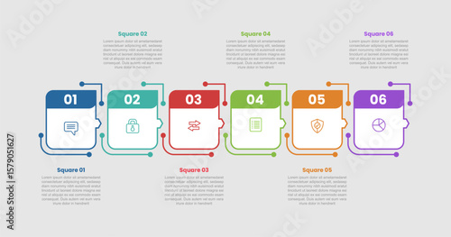 square shape base infographic diagram with single calendar shape with strong header badge on horizontal direction with 6 step for slide presentation