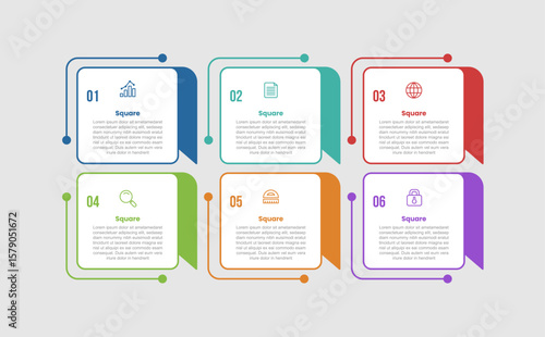 square shape base infographic diagram with creative round box with sharp ribbon edge with 6 step for slide presentation