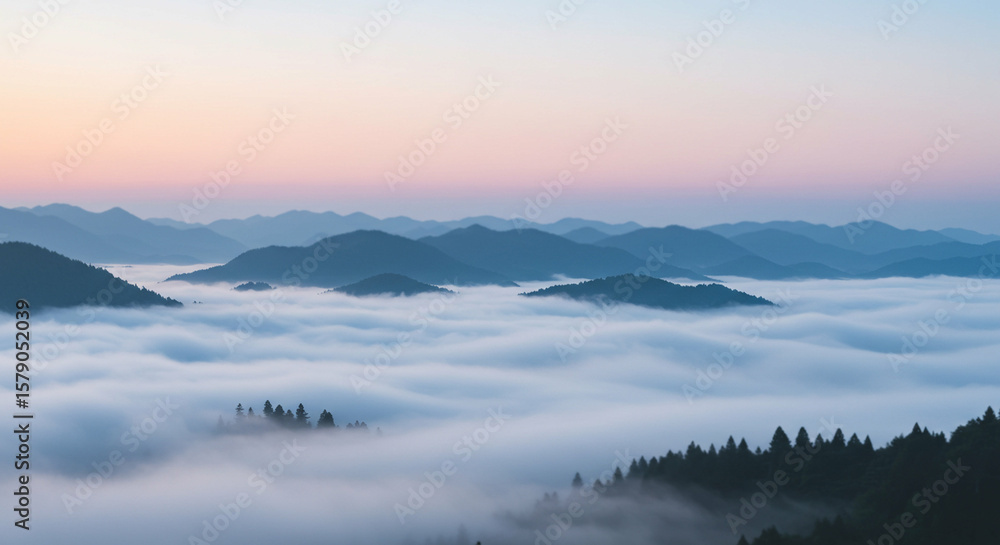 Fototapeta premium Mountain peaks rise above a sea of fog bathed in the soft light of dawn