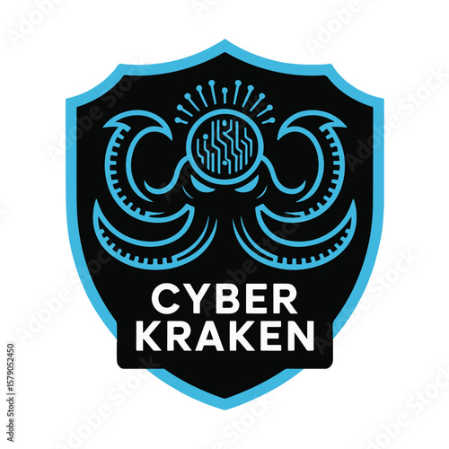 Blue Cyber Kraken tech emblem with neural patterns and tentacles. Vector illustration design.