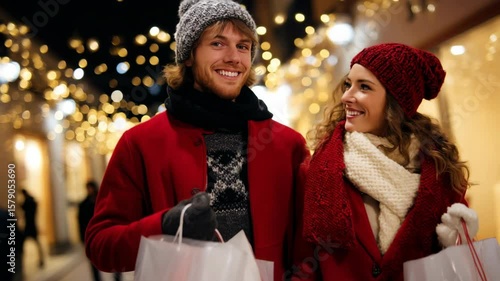A joyful couple enjoying a shopping day on a street filled with Christmas lights
