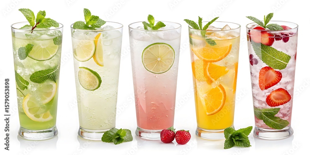 Fototapeta premium Refreshing Summer Drinks Lime Lemon Strawberry Orange Infused Beverages