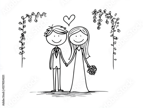 Minimalist Black and White Wedding Illustration of Happy Couple with Flower Arch and Heart
