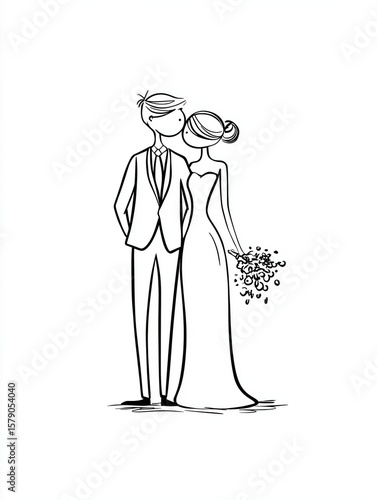 Elegant Black and White Line Art Illustration of a Wedding Couple Kissing with Bouquet