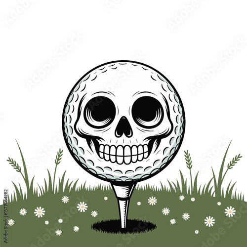 Golf ball styled as skull with creepy smile resting on tee in grass. Vector illustration design.