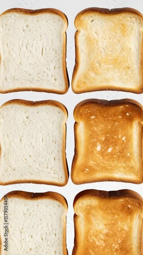 Rows of sliced bread, one set untoasted and another set toasted golden brown on a white background