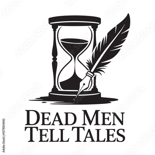 Classic hourglass with feather quill and mysterious pirate phrase below. Vector illustration design