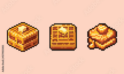 Pixel Art Breakfast Set Waffles and Pancakes Icons. A delicious set of 8-bit style pixel art breakfast icons.