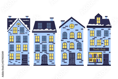 Colorful illustration of cozy buildings with snow-covered rooftops and a charming book shop
