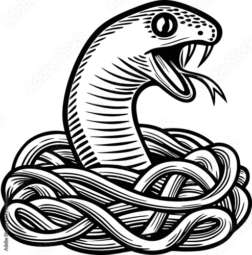 Venomous snake emerging from tangled nest, mouth open, fangs visible, aggressive reptile illustration, black and white design