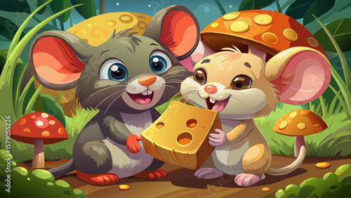 Two tiny mice share a wedge of cheese under a mushroom. Their cartoon forms are rounded, their expressions gleeful, showing tiny joys of life in a fairytale-style illustration.