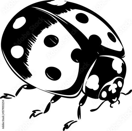 Detailed black and white ladybug illustration close up insect silhouette, natural pattern, bug species, isolated graphic design