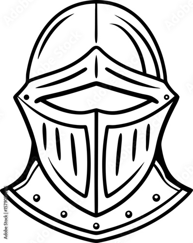 Knight armor helmet line art illustration, medieval steel face mask, protective historical war equipment outline drawing