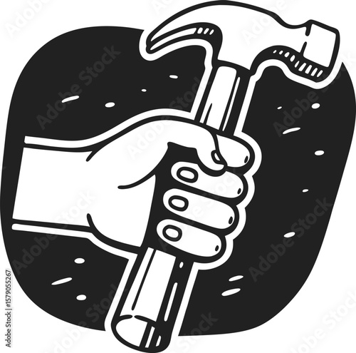 Hand firmly holding hammer, symbol of labor, craftsmanship and construction tool for carpentry, building, repair, black and white design