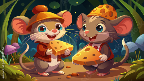 Two tiny mice share a wedge of cheese under a mushroom. Their cartoon forms are rounded, their expressions gleeful, showing tiny joys of life in a fairytale-style illustration.