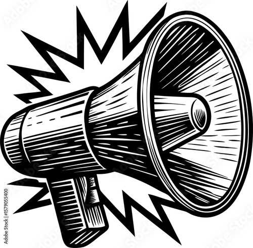 Megaphone announcement in retro loudspeaker for communication, alert, public speaking, promotion, or activism concept
