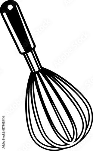 Handheld kitchen whisk utensil with black handle simple outline cooking tool for baking, stirring, mixing ingredients