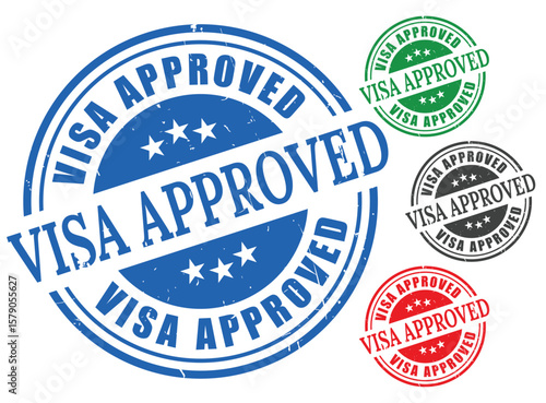 Travel Visa Approval Stamp Set, Grunge Rubber Label Collection  