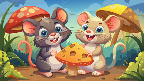 Two tiny mice share a wedge of cheese under a mushroom. Their cartoon forms are rounded, their expressions gleeful, showing tiny joys of life in a fairytale-style illustration.