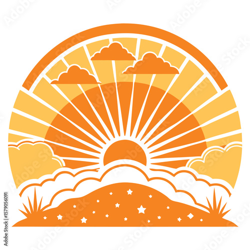 Orange sun rays clouds hill stars sunrise sunset