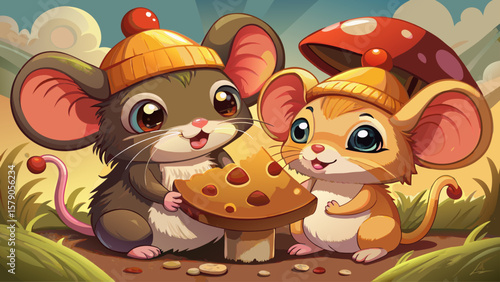 Two tiny mice share a wedge of cheese under a mushroom. Their cartoon forms are rounded, their expressions gleeful, showing tiny joys of life in a fairytale-style illustration.