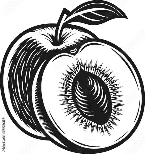 Hand drawn peach fruit with leaf and seed vintage stylized halved peach illustration in black and white ink