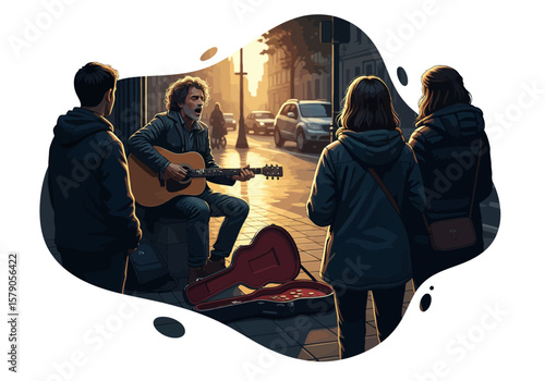 A street musician (busker) playing guitar and singing in the city at dusk.