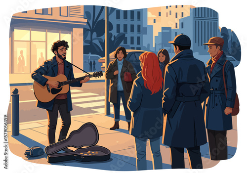 A street musician (busker) playing guitar and singing in the city at dusk.