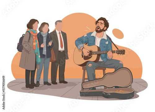A street musician (busker) playing guitar and singing in the city at dusk.