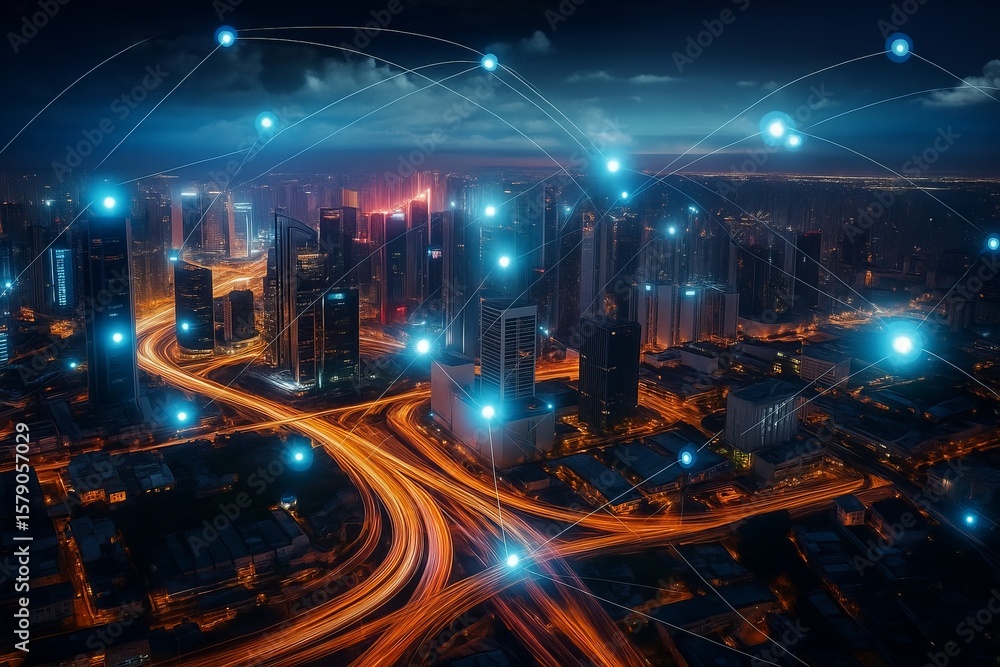 Fototapeta premium Futuristic Cityscape with Glowing Network Connections and Blurring Car Lights Showcasing Technological Advancement and Urban Connectivity in the Night