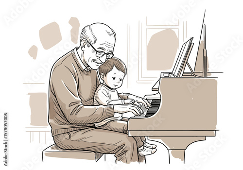 Grandfather teaching his grandchild to play the piano, a heartwarming scene.