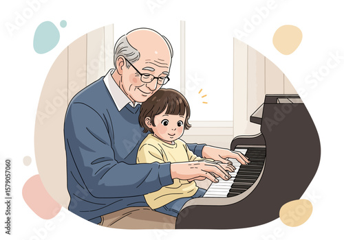Grandfather teaching his grandchild to play the piano, a heartwarming scene.