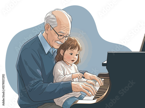 Grandfather teaching his grandchild to play the piano, a heartwarming scene.