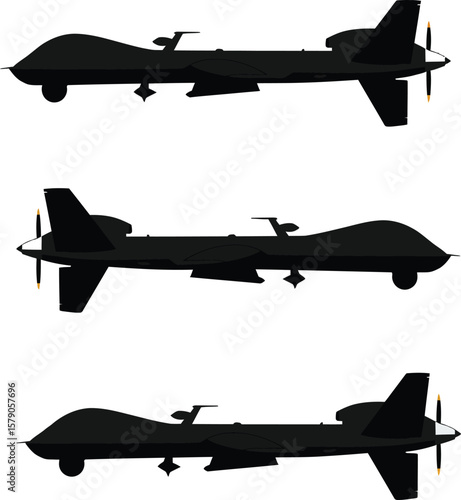UAV Drone Silhouettes Set: Stealthy, Modern Military Unmanned Aerial Vehicles in Profile, Ideal for Security, Technology, and Defense Industry Concepts.
