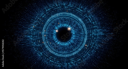 Digital eye with glowing blue lines and circular patterns on a black background design concept