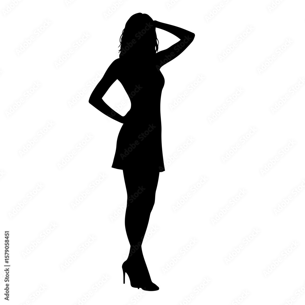 Elegant Silhouette: A sleek silhouette of a graceful woman in a short dress and stylish heels, striking a confident pose. Elegant Silhouette: A sleek silhouette of a graceful woman in a short dress and stylish heels, striking a confident pose.