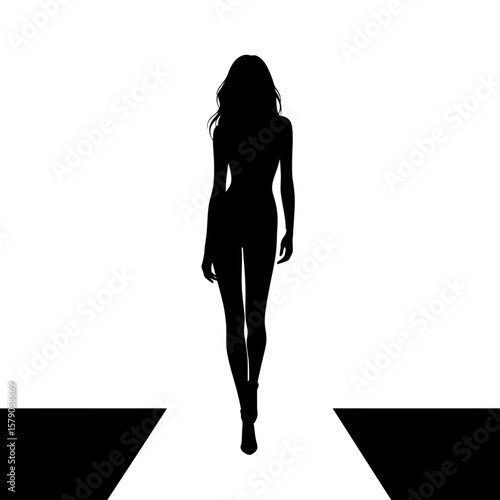 Silhouette on the Runway: A poised silhouette of a fashion model strides confidently down the runway. This image captures the essence of poise and elegance.