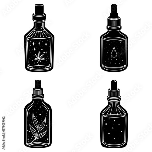 Collection of four black and white tincture bottles with different botanical and celestial designs inside
