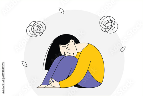 Vector illustration sad girl Filed in love.  A heartbroken young woman line art for aftereffect
