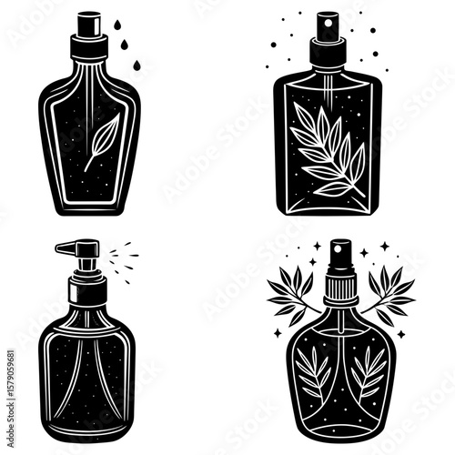 Illustration of four different bottles with various spray nozzles and leaf designs inside them